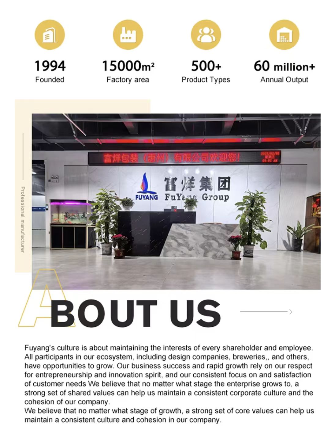 Modern office interior of Fuyang Group, a custom packaging manufacturer founded in 1994, featuring our 15000m² factory area and corporate milestones.